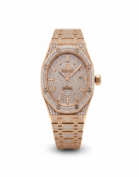 Luxury-Inspired Iced-Out Diamond Watch – Royal Oak Style (Rose Gold)