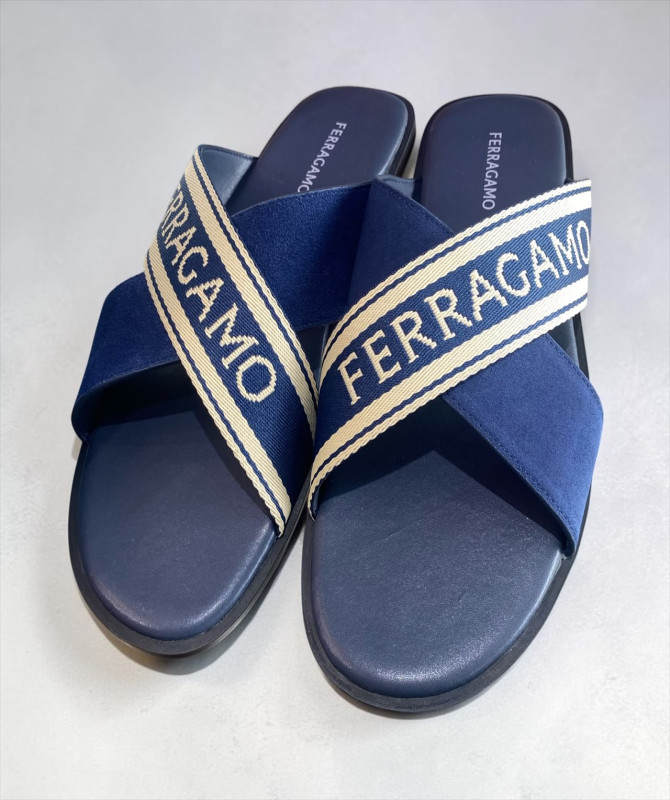 Ferragamo Men’s Crossover Strap Navy Blue Slides – Designer Logo Sandals