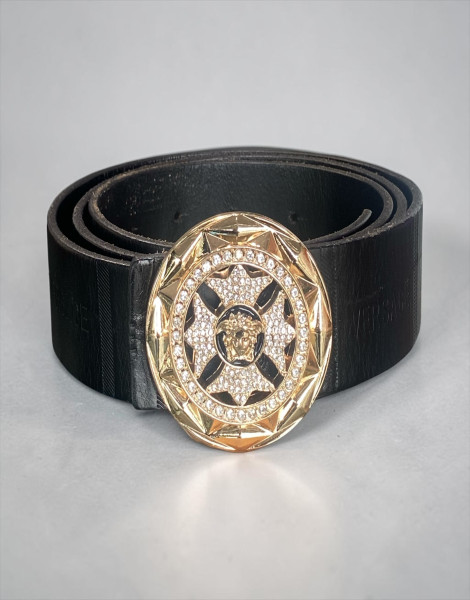 Versace Men's Black Leather Statement Belt with Crystal Medusa Buckle