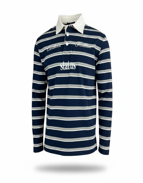 Men’s Navy Striped Long Sleeve Polo Shirt – Embroidered Casual Rugby Polo