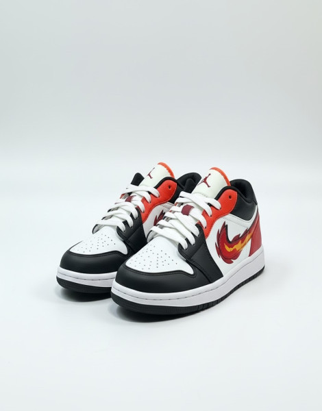 Air Jordan 1 Low “Flaming Swoosh” (Born to Fly) – White/Black/Red Flame Design Sneakers