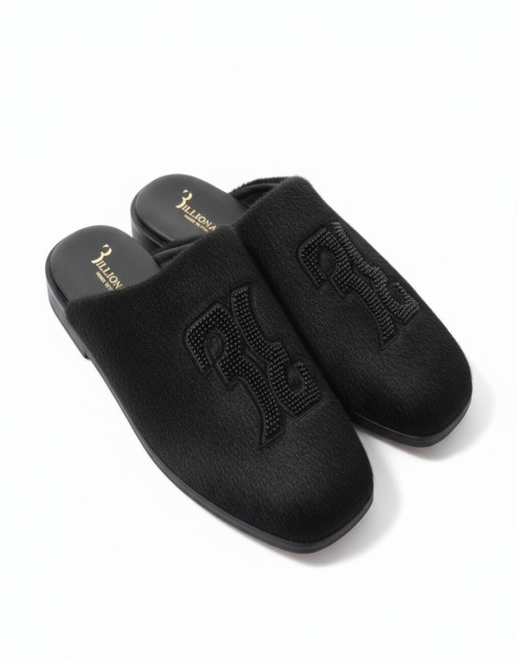 Billionaire Suede Mule Half Shoes – Black Luxury Embroidered Crest Slip-On