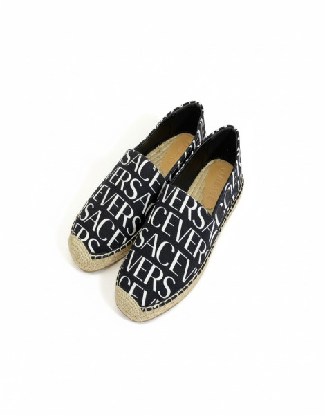 Versace Allover Espadrilles – Black Canvas Slip-On Logo Print Luxury Casual Shoes