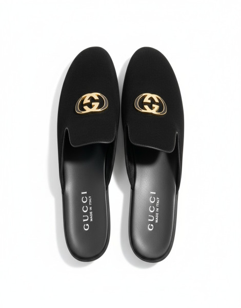 Gucci-Inspired Suede Mule Half Shoes – Gold GG Logo Slip-On Luxury Footwear