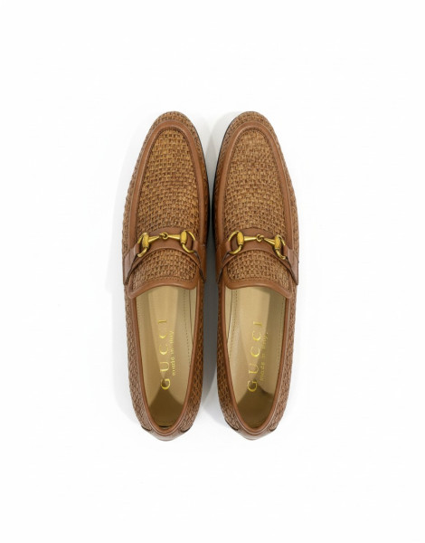 Gucci Horsebit Loafers – Brown Crochet/Woven Texture Gold Bit Luxury Slip-On Shoes