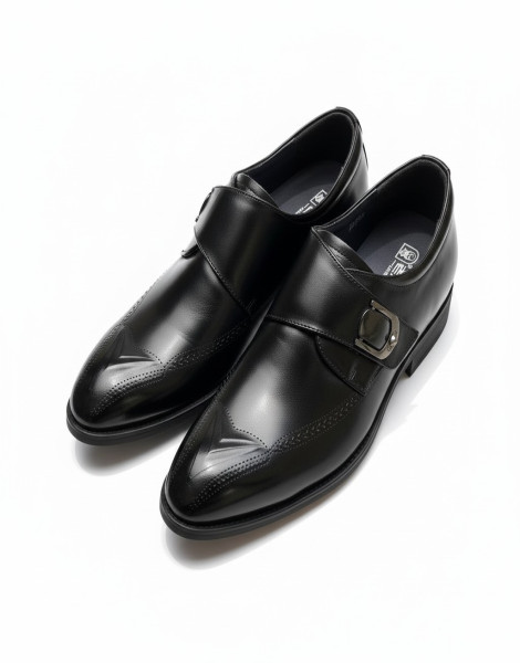 Men’s Black Single Monk Strap Dress Shoes – Brogue Detail Polished Formal Leather Shoes