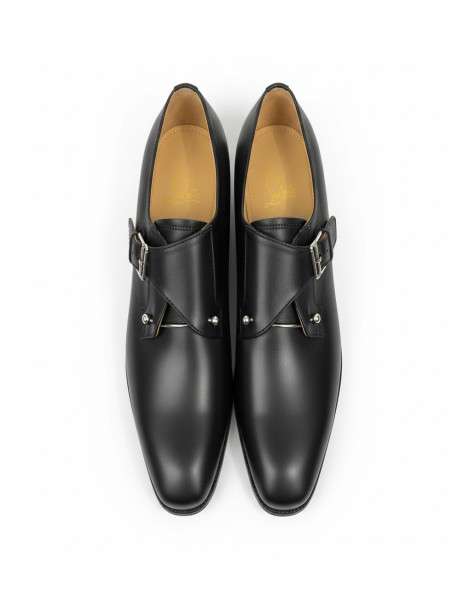 Christian Louboutin Chambelimonk Dress Shoes – Black Calf Leather Single Monk Strap with Silver Stud Detail