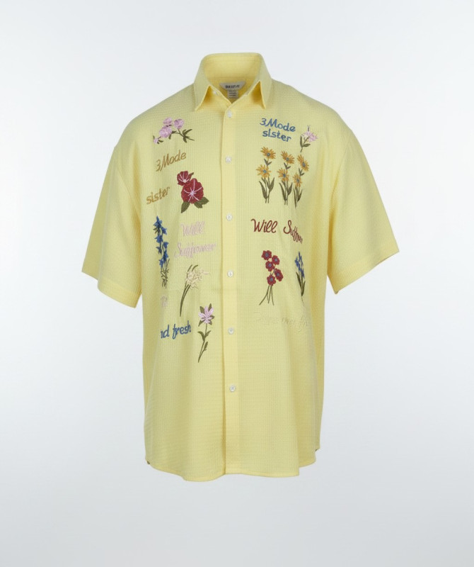 Men’s Floral Embroidered Waffle Shirt – Short Sleeve Retro Korean Style Button-Up