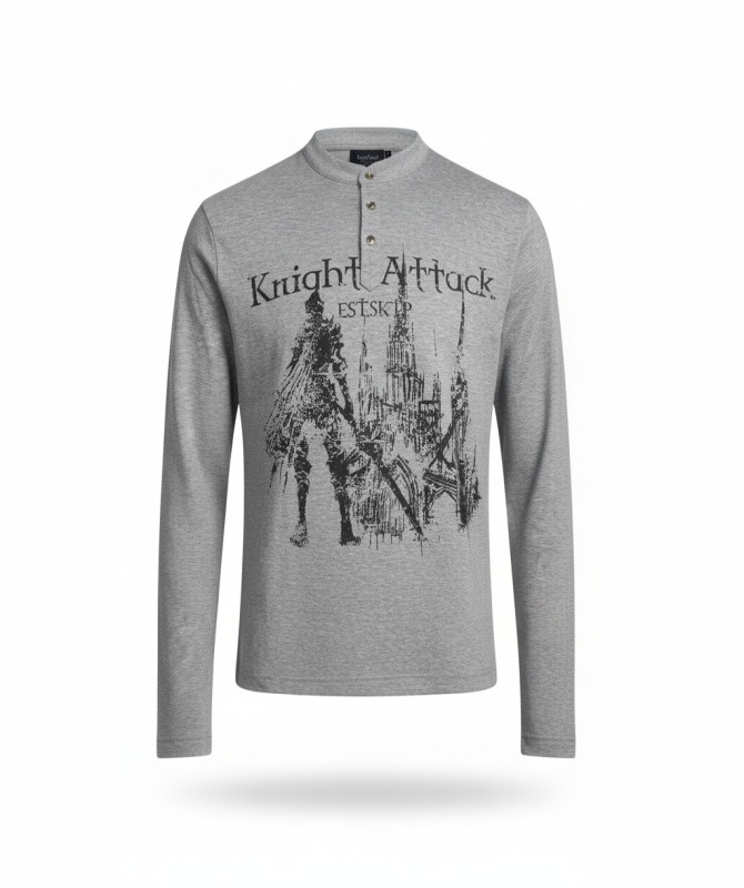 Men’s Gothic Knight Graphic Henley Shirt – Long Sleeve Streetwear Top