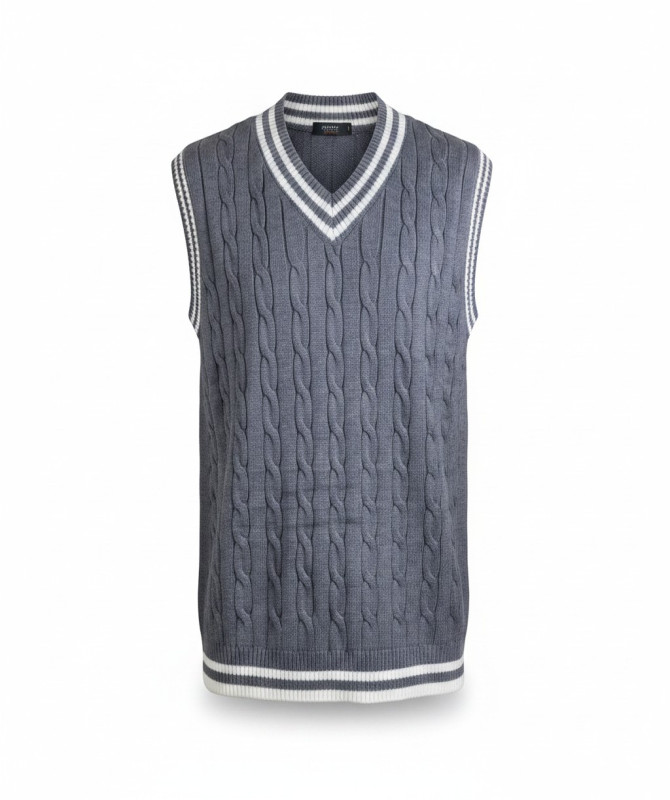 Men’s Grey Cable Knit V-Neck Sweater Vest – Cricket Style Striped Knitwear