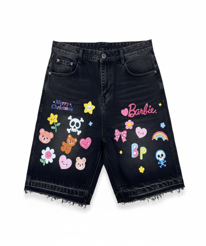 Men’s Black Patchwork Denim Shorts – Y2K Graphic Streetwear Jorts