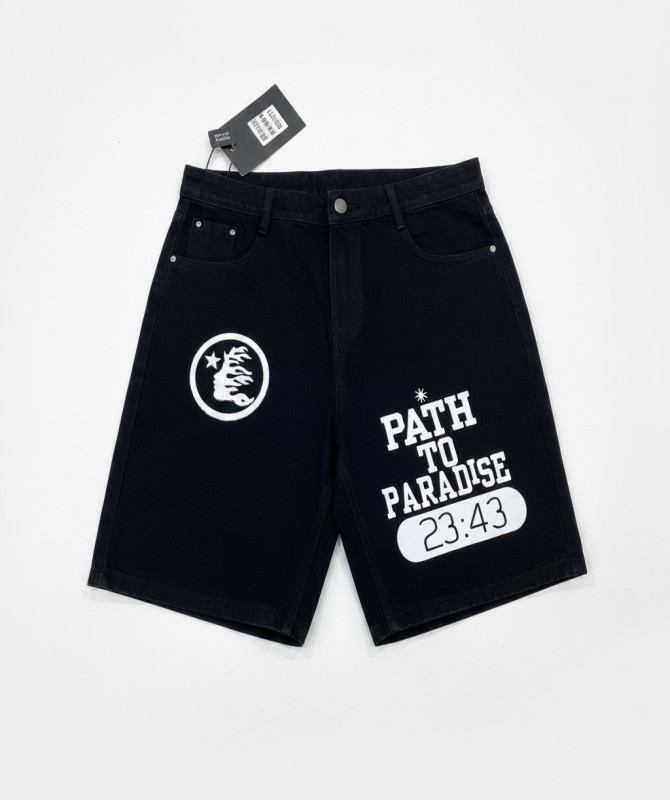 Hellstar “Path To Paradise” Denim Shorts – Black Graphic Streetwear Jorts