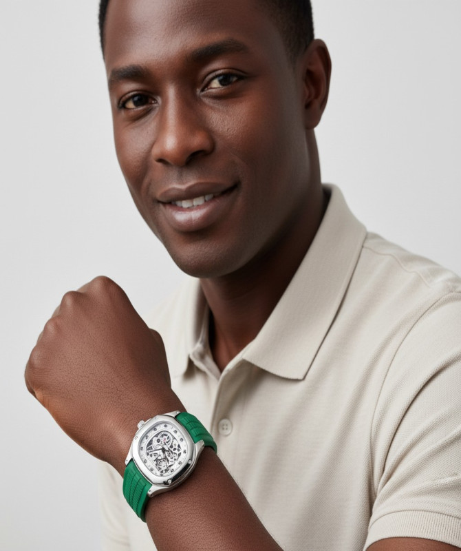 Luxury-Inspired Skeleton Watch – Diamond Bezel Green Strap