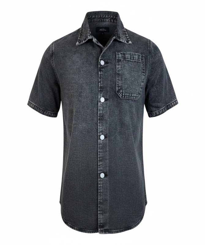 Men’s Black Acid-Wash Denim Shirt – Short Sleeve Boxy Fit Button-Up