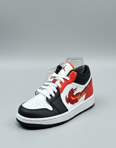 Air Jordan 1 Low “Flaming Swoosh” (Born to Fly) – White/Black/Red Flame Design Sneakers