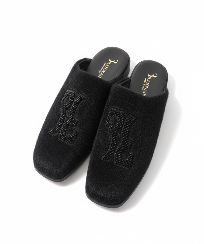 Billionaire Suede Mule Half Shoes – Black Luxury Embroidered Crest Slip-On