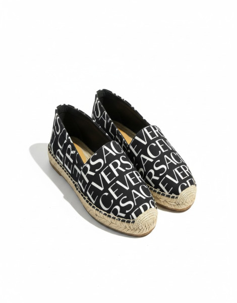 Versace Allover Espadrilles – Black Canvas Slip-On Logo Print Luxury Casual Shoes