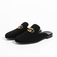 Gucci-Inspired Suede Mule Half Shoes – Gold GG Logo Slip-On Luxury Footwear