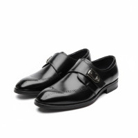 Men’s Black Single Monk Strap Dress Shoes – Brogue Detail Polished Formal Leather Shoes