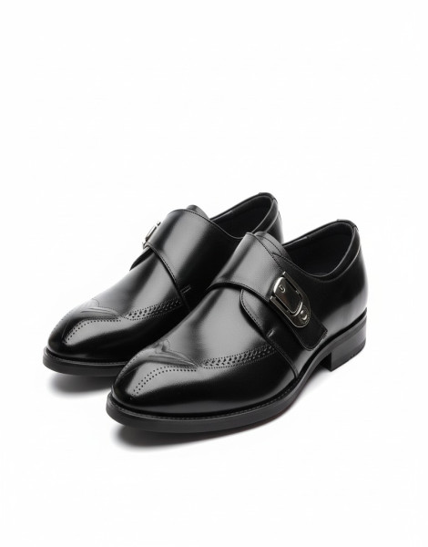 Men’s Black Single Monk Strap Dress Shoes – Brogue Detail Polished Formal Leather Shoes