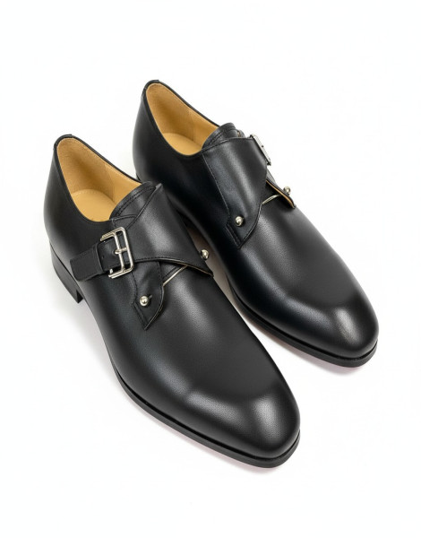 Christian Louboutin Chambelimonk Dress Shoes – Black Calf Leather Single Monk Strap with Silver Stud Detail