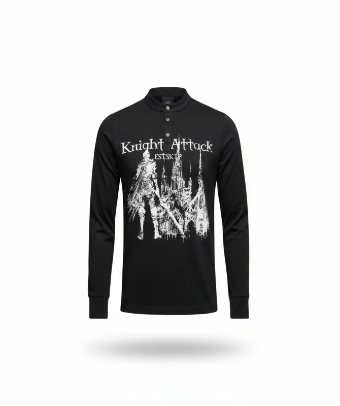 Men’s Gothic Knight Graphic Henley Shirt – Long Sleeve Streetwear Top