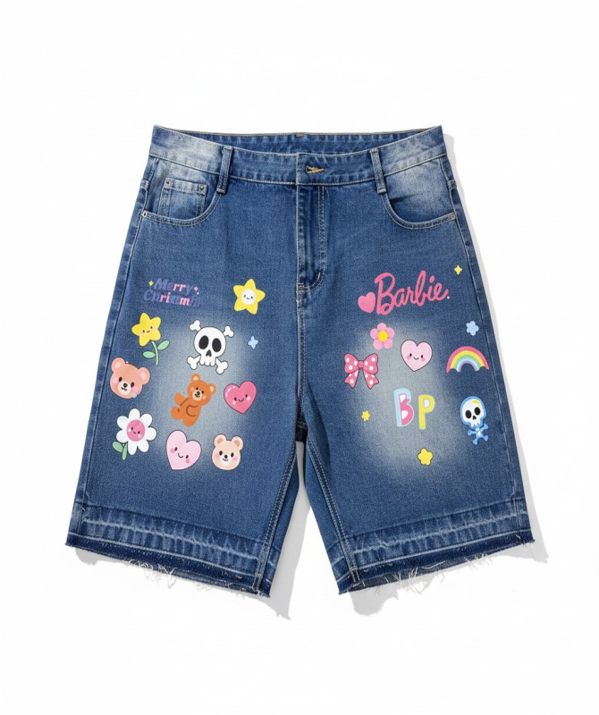 Men’s Black Patchwork Denim Shorts – Y2K Graphic Streetwear Jorts