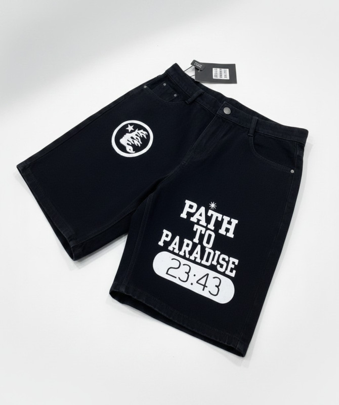 Hellstar “Path To Paradise” Denim Shorts – Black Graphic Streetwear Jorts