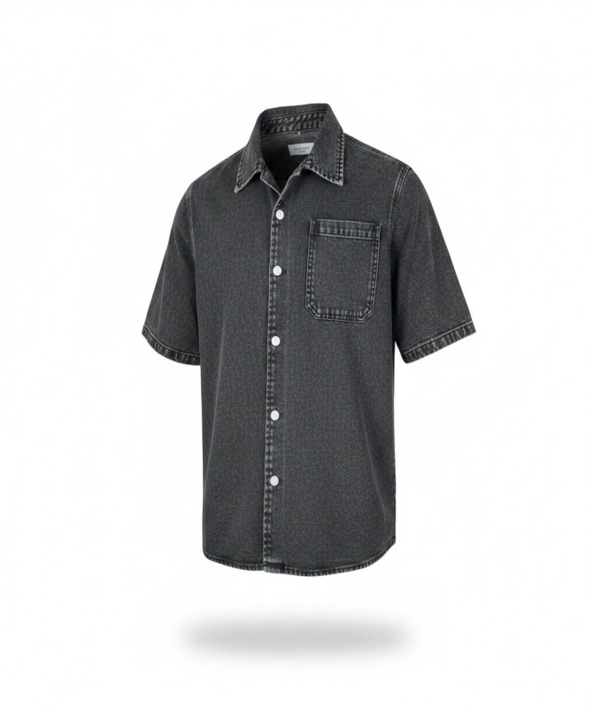 Men’s Black Acid-Wash Denim Shirt – Short Sleeve Boxy Fit Button-Up