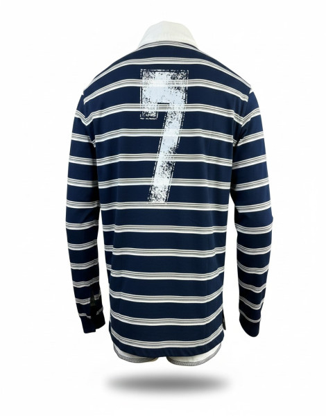 Men’s Navy Striped Long Sleeve Polo Shirt – Embroidered Casual Rugby Polo