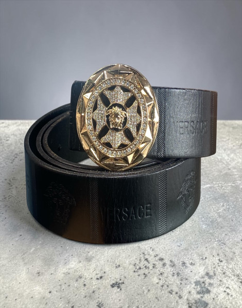 Versace Men's Black Leather Statement Belt with Crystal Medusa Buckle