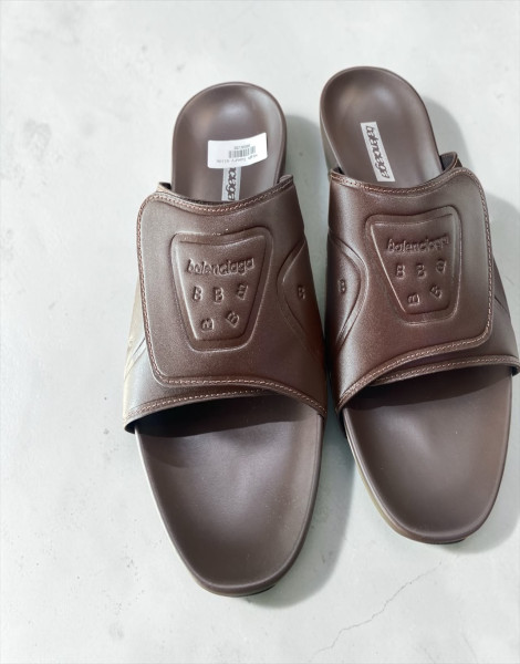 Balenciaga Brown BB Shield Embossed Luxury Men’s Slides – Designer Leather Slip-Ons